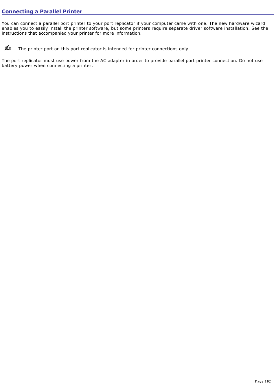 Connecting a parallel printer | Sony VGN-A600P User Manual | Page 102 / 269
