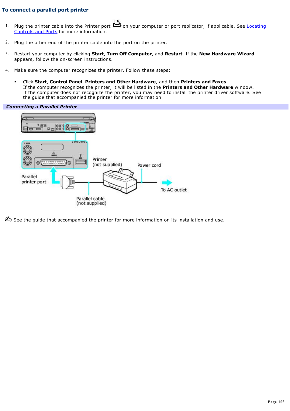 To connect a parallel port printer | Sony VGN-A600P User Manual | Page 103 / 269