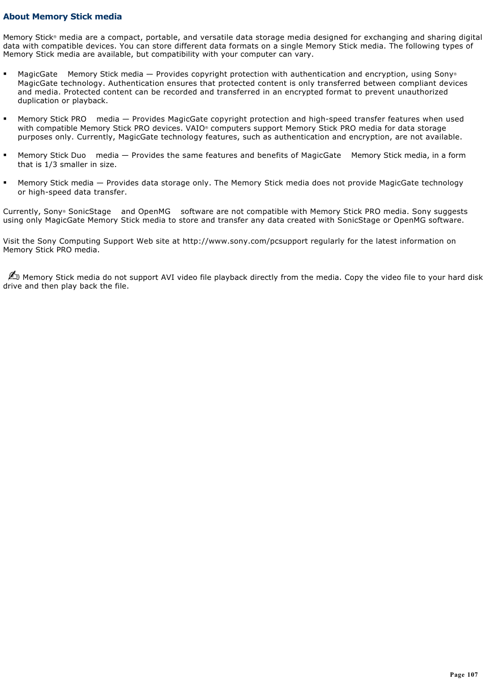 About memory stick media | Sony VGN-A600P User Manual | Page 107 / 269