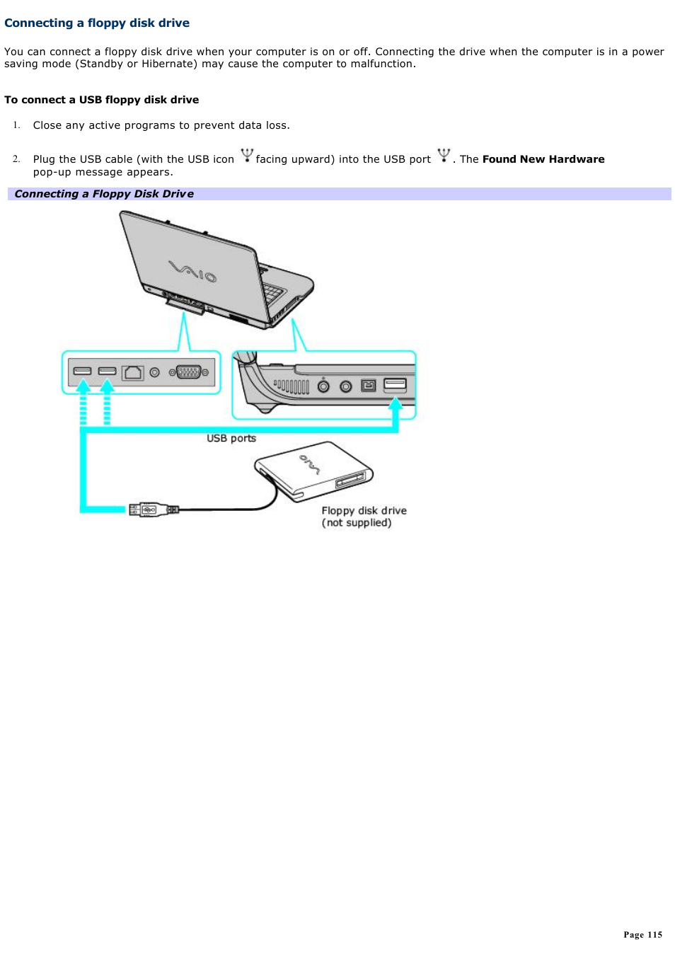 Connecting a floppy disk drive | Sony VGN-A600P User Manual | Page 115 / 269