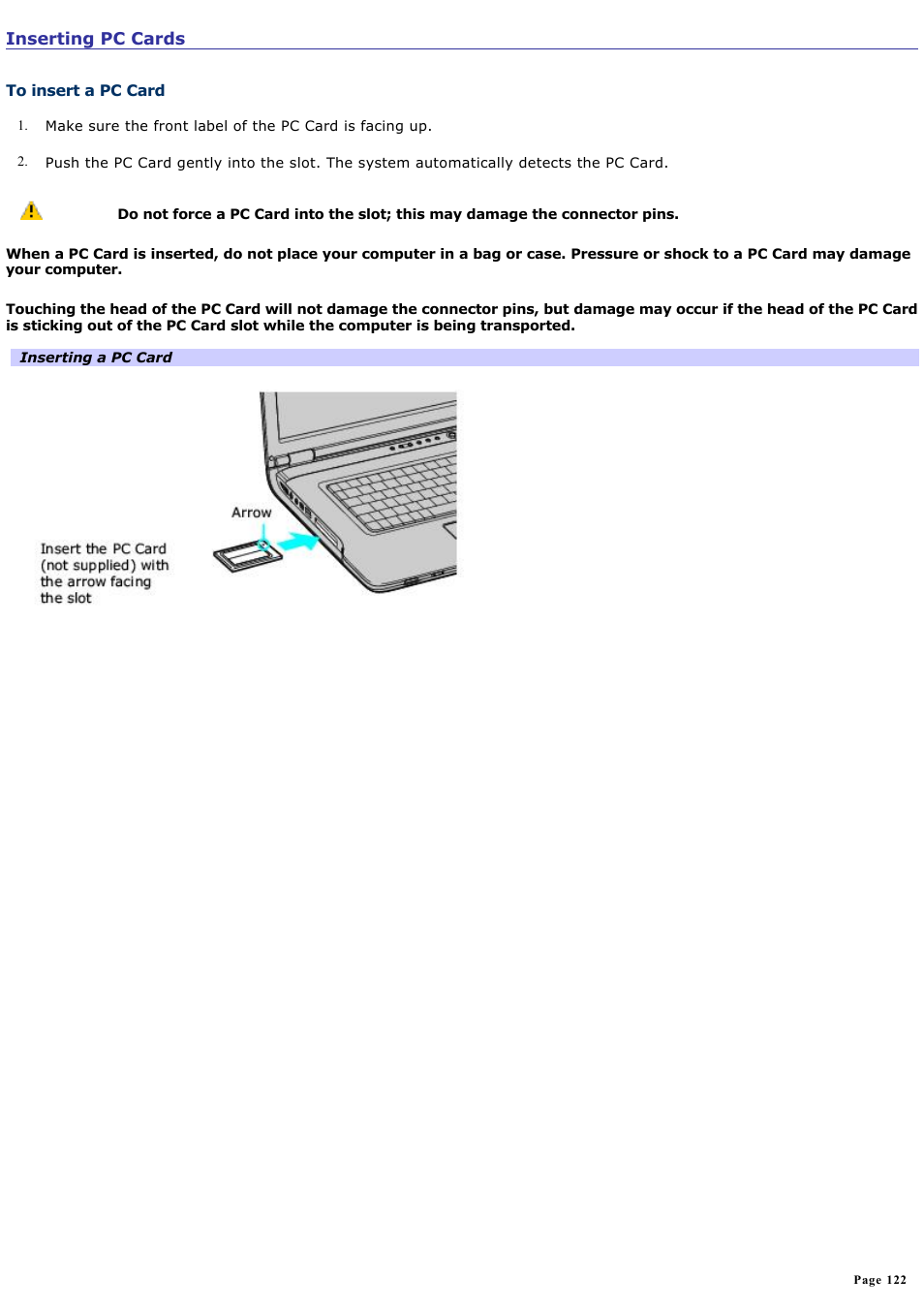 To insert a pc card | Sony VGN-A600P User Manual | Page 122 / 269