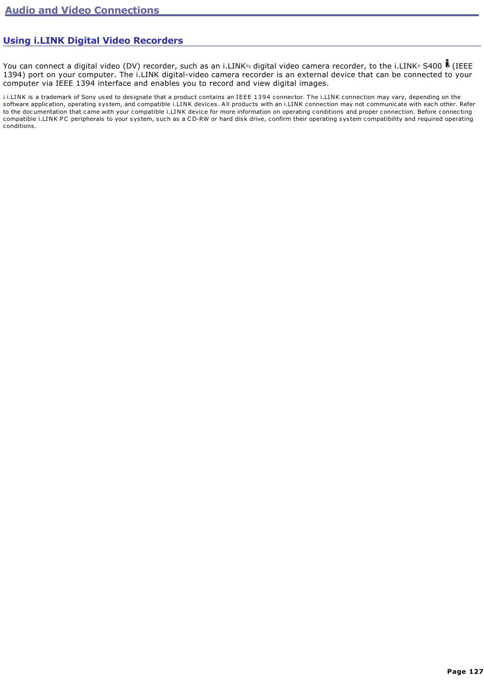 Using i.link digital video recorders, Audio and video connections | Sony VGN-A600P User Manual | Page 127 / 269
