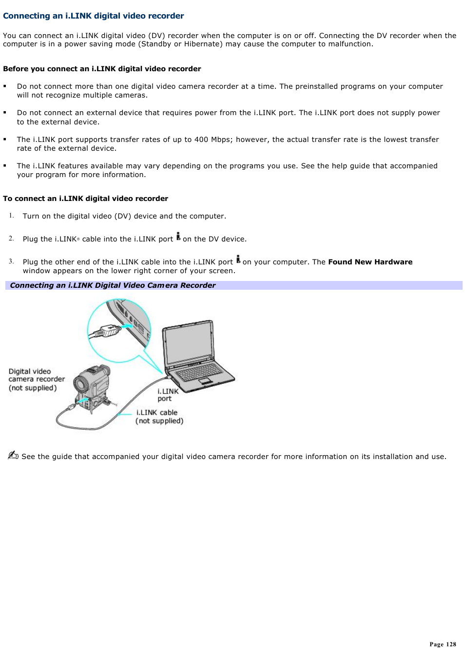 Connecting an i.link digital video recorder | Sony VGN-A600P User Manual | Page 128 / 269