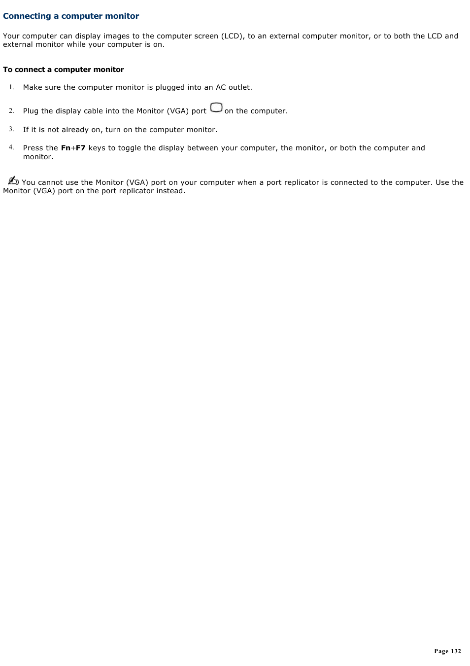 Connecting a computer monitor | Sony VGN-A600P User Manual | Page 132 / 269