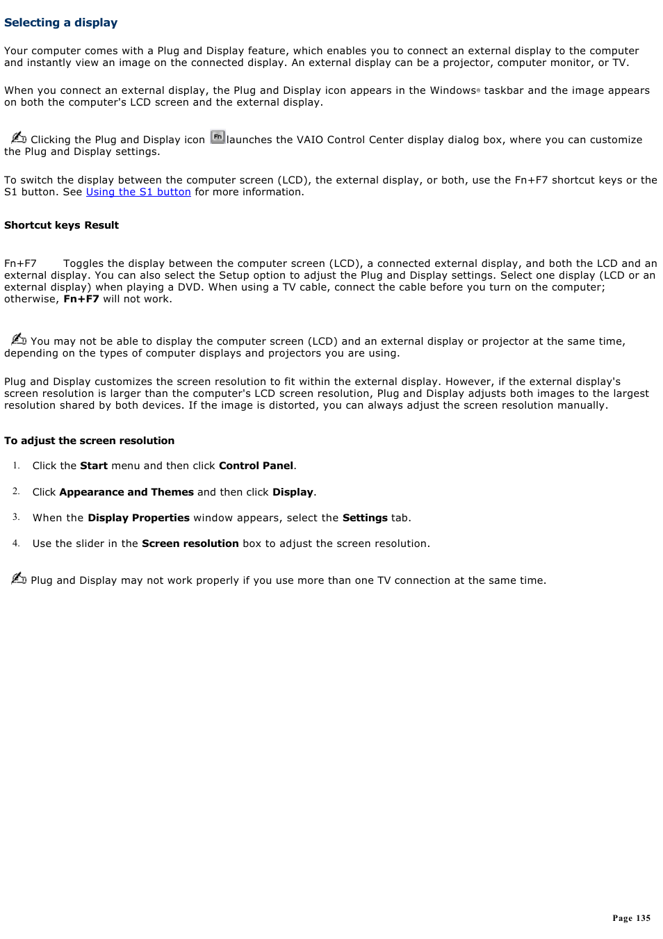 Selecting a display, Selecting a, Display | Sony VGN-A600P User Manual | Page 135 / 269