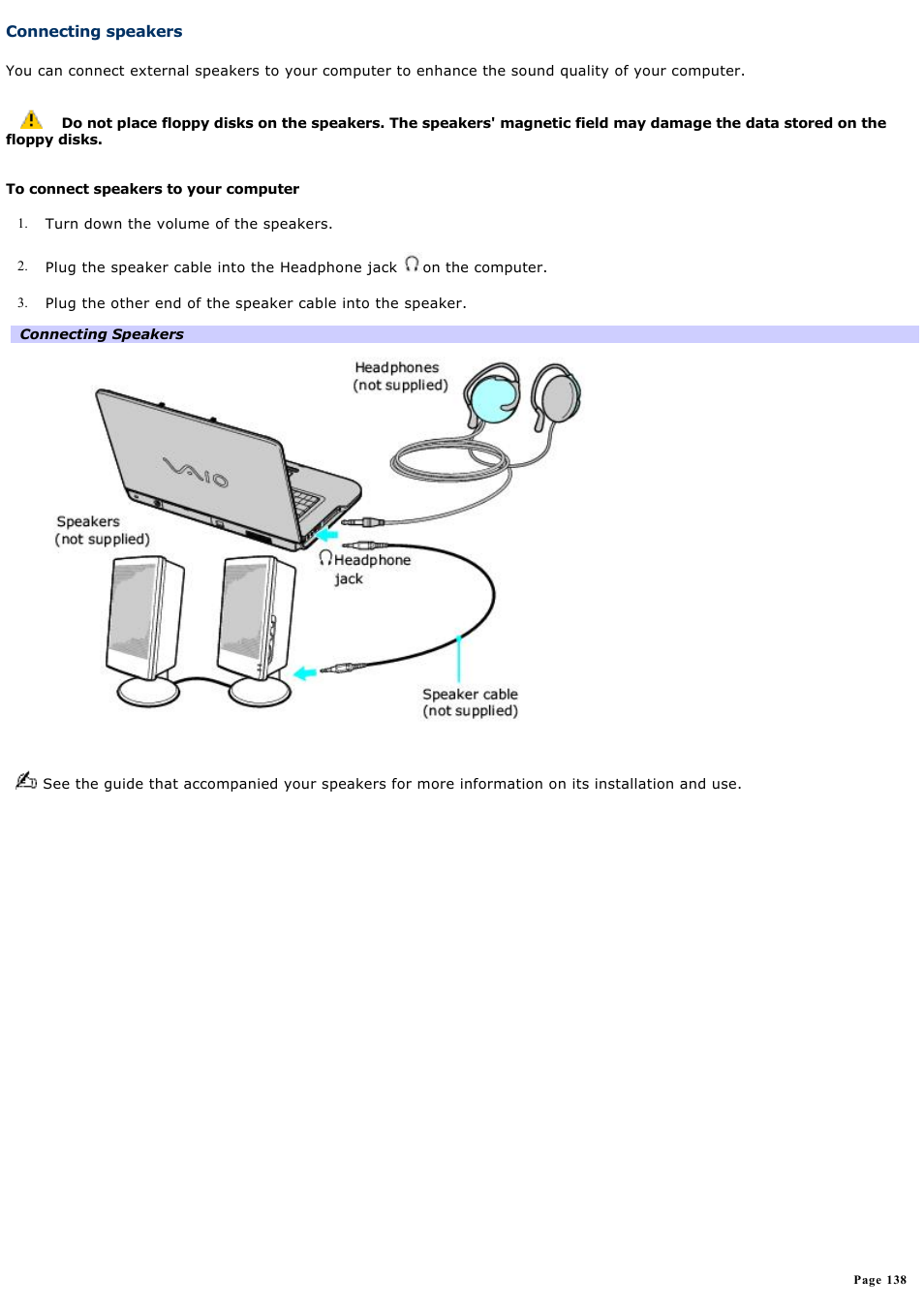 Connecting speakers | Sony VGN-A600P User Manual | Page 138 / 269