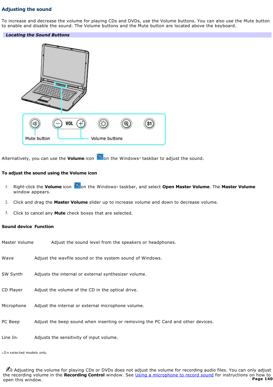 Adjusting the sound | Sony VGN-A600P User Manual | Page 140 / 269