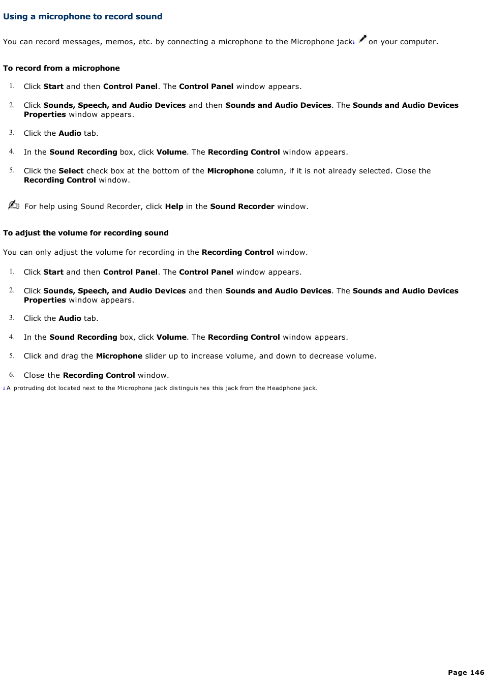 Using a microphone to record sound | Sony VGN-A600P User Manual | Page 146 / 269