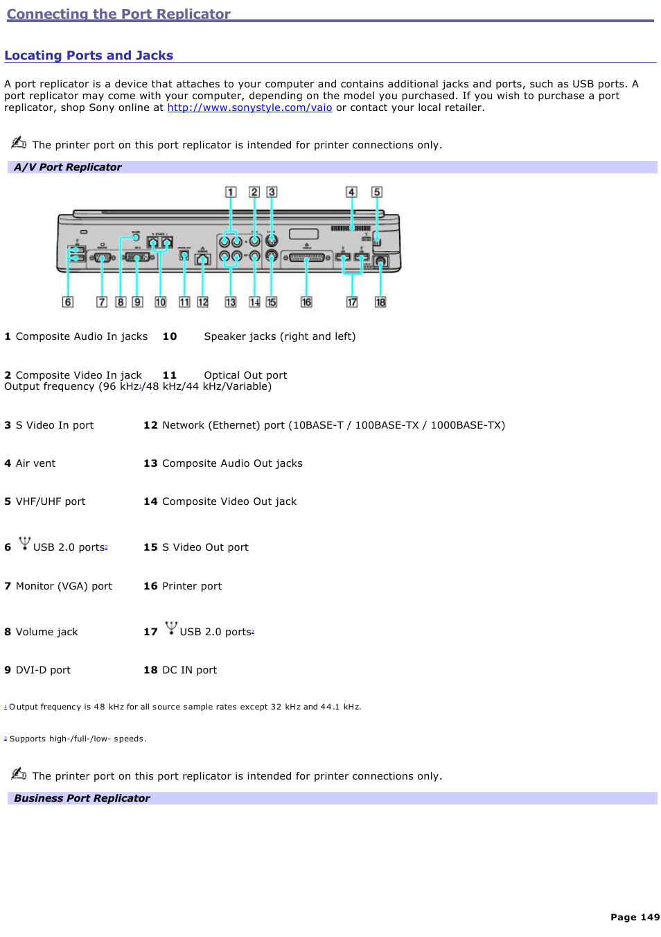 Locating ports and jacks, Connecting the port replicator | Sony VGN-A600P User Manual | Page 149 / 269