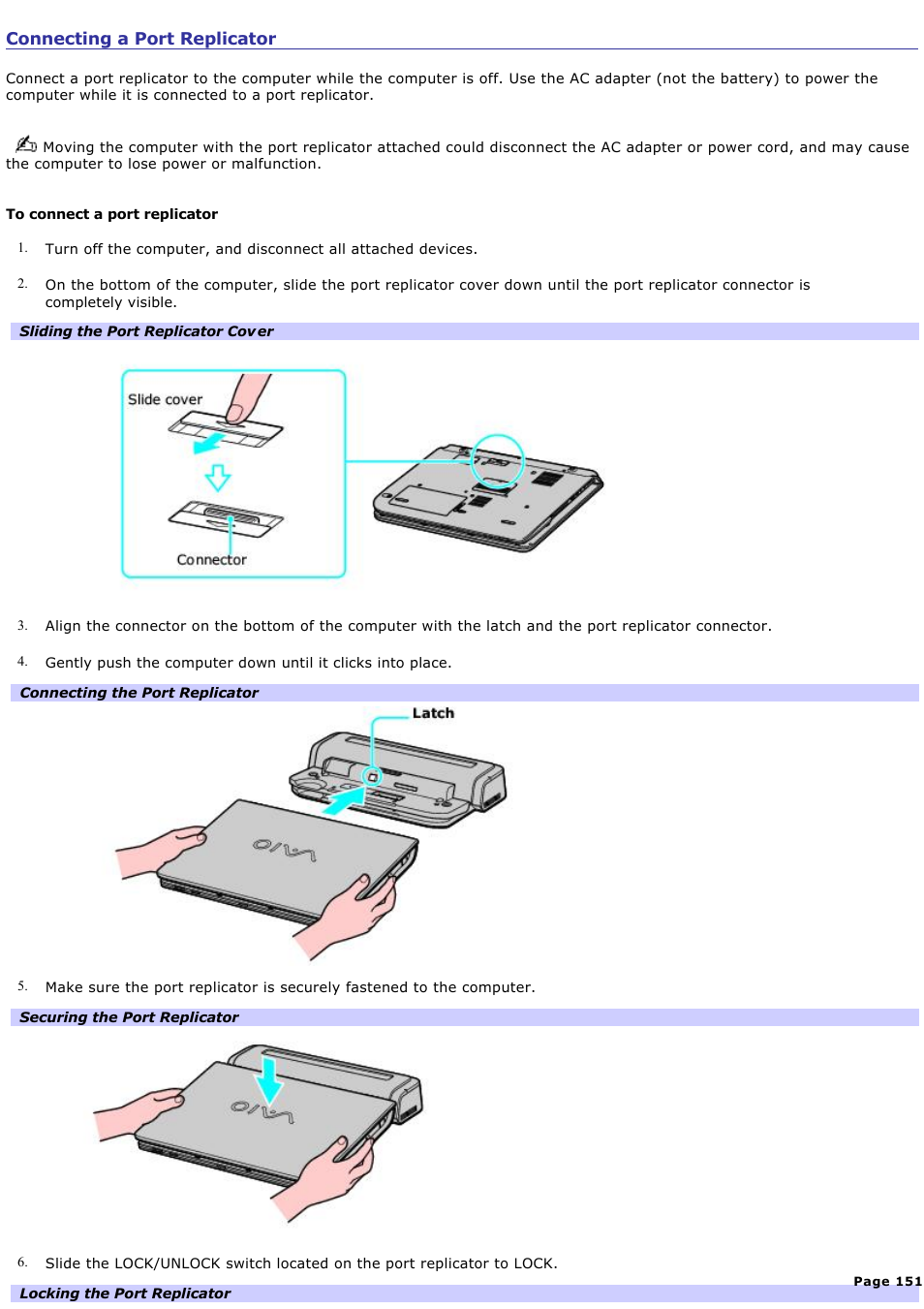 Connecting a port replicator | Sony VGN-A600P User Manual | Page 151 / 269