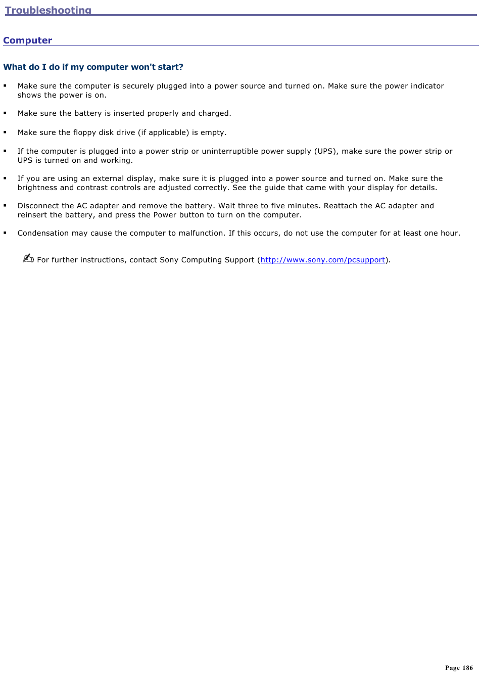 What do i do if my computer won't start, Troubleshooting | Sony VGN-A600P User Manual | Page 186 / 269