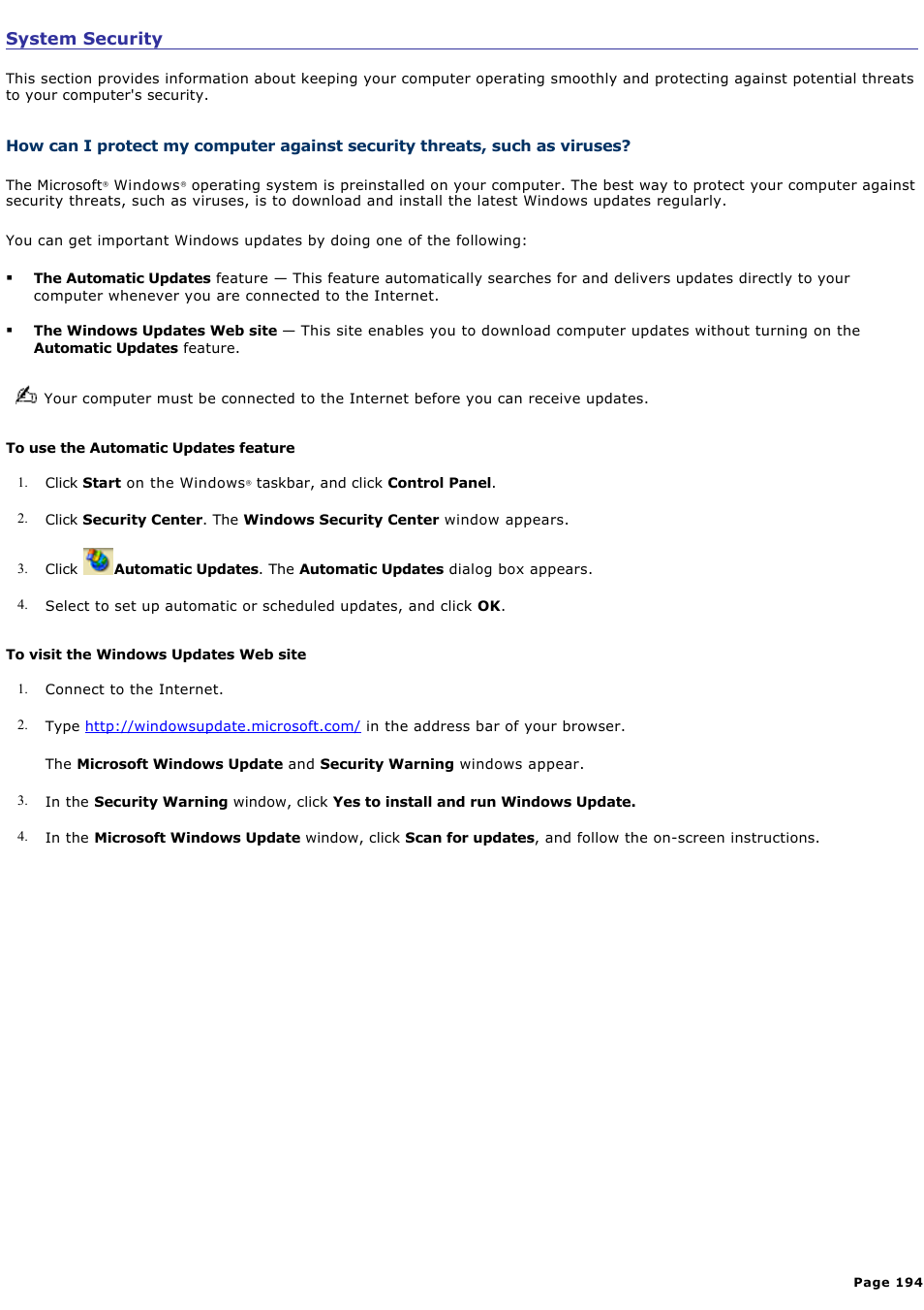 System security | Sony VGN-A600P User Manual | Page 194 / 269