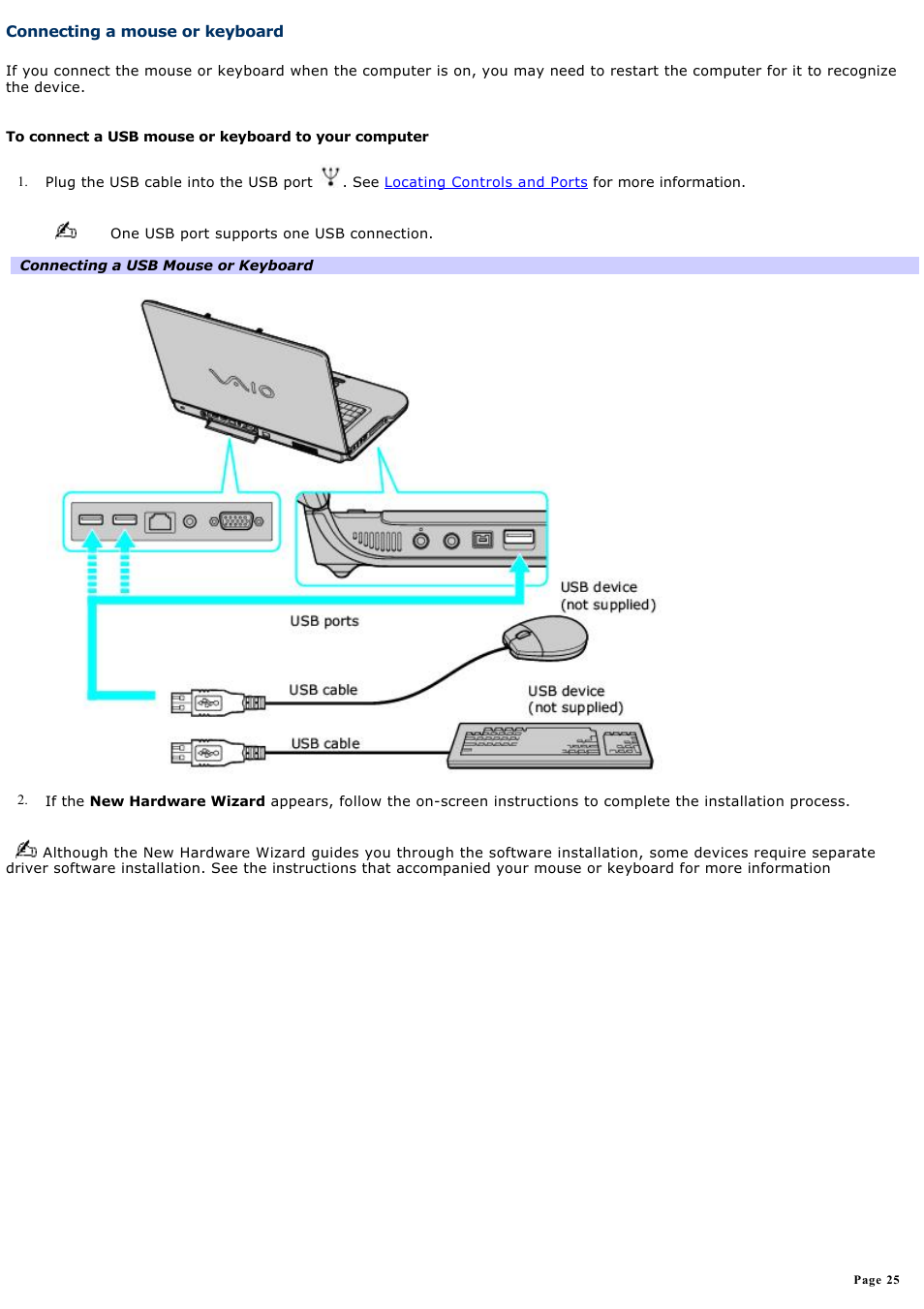 Connecting a mouse or keyboard | Sony VGN-A600P User Manual | Page 25 / 269