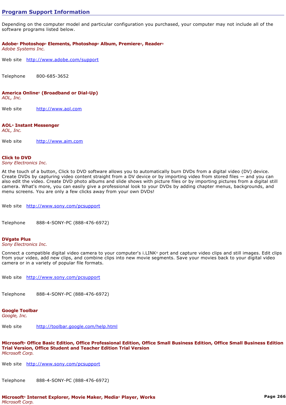 Program support information | Sony VGN-A600P User Manual | Page 266 / 269