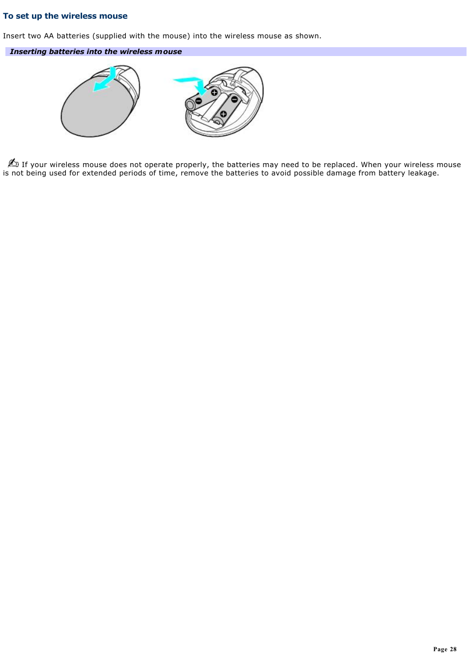 To set up the wireless mouse | Sony VGN-A600P User Manual | Page 28 / 269