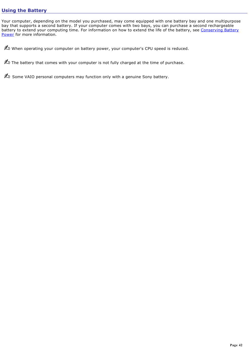 Using the battery | Sony VGN-A600P User Manual | Page 42 / 269