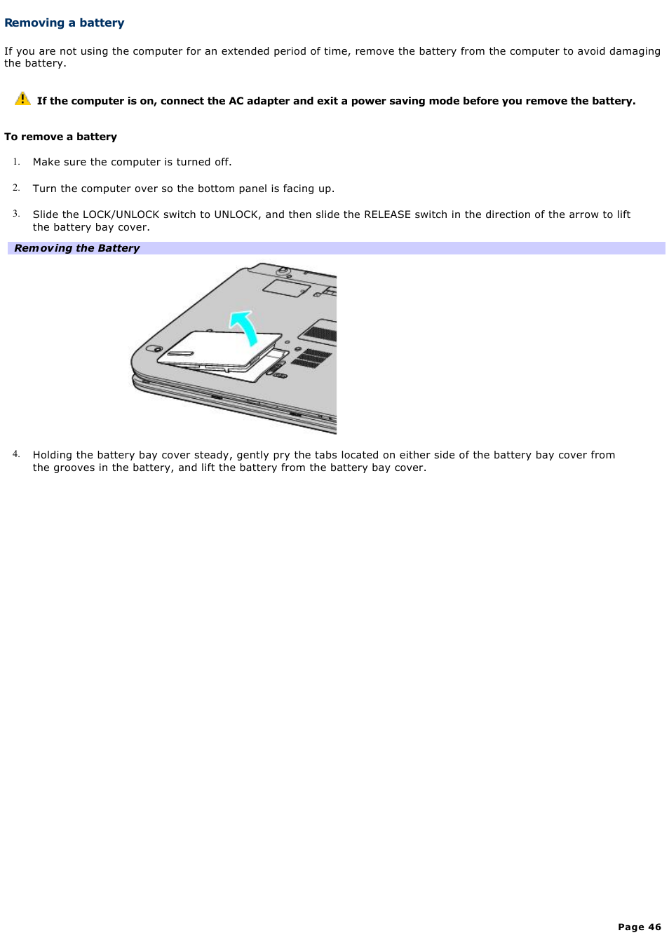 Removing a battery | Sony VGN-A600P User Manual | Page 46 / 269