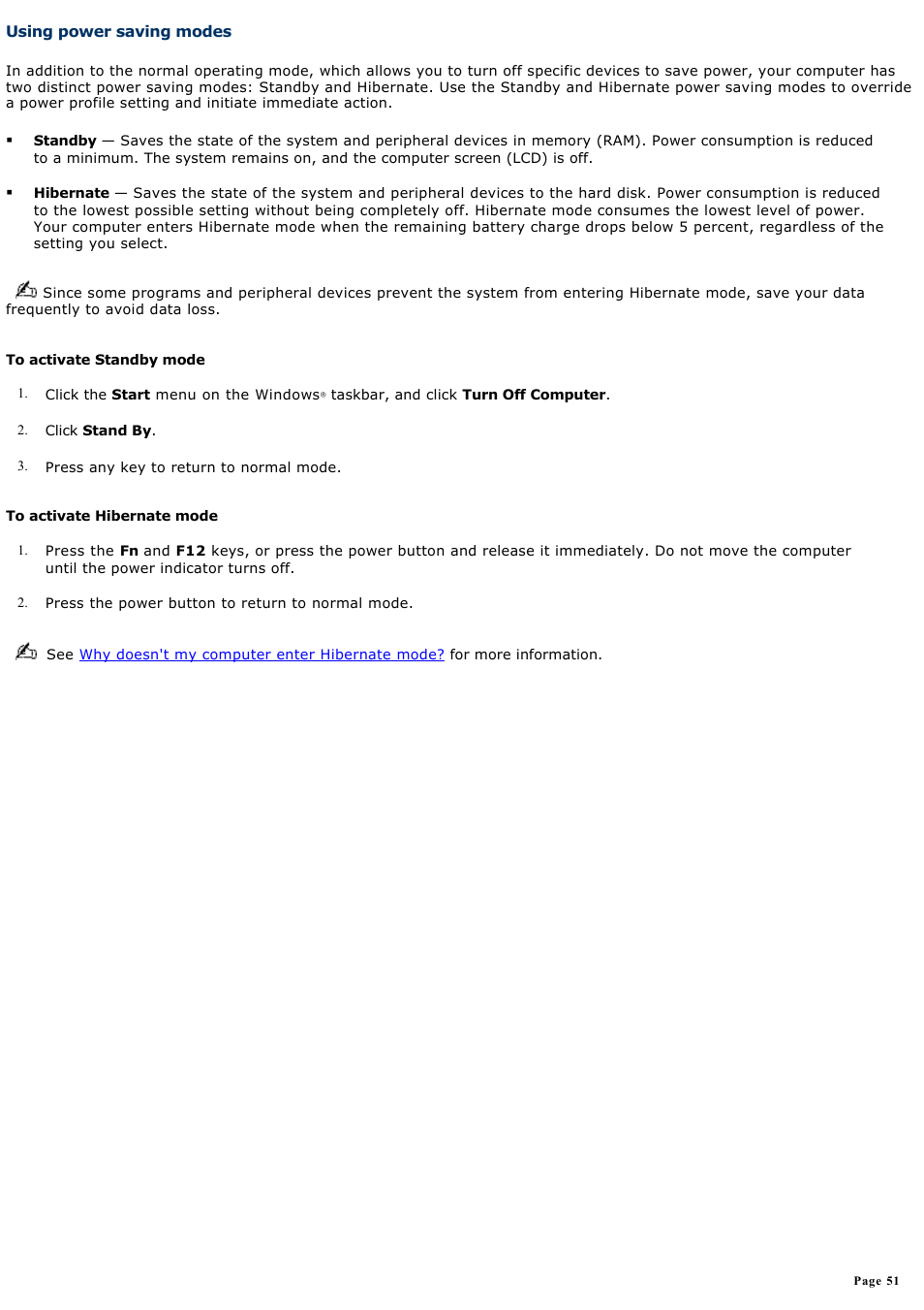 Using power saving modes | Sony VGN-A600P User Manual | Page 51 / 269