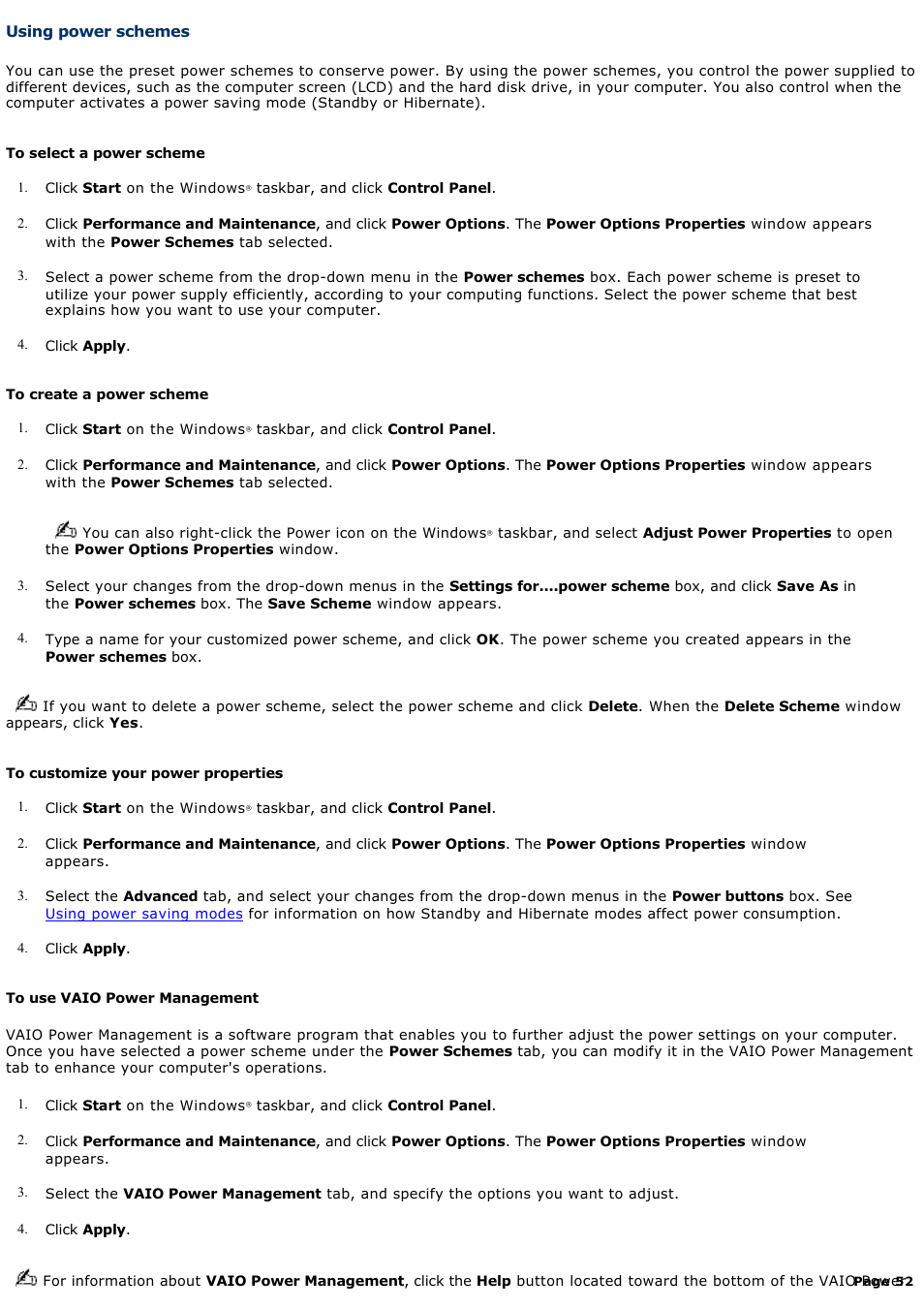 Using power schemes | Sony VGN-A600P User Manual | Page 52 / 269