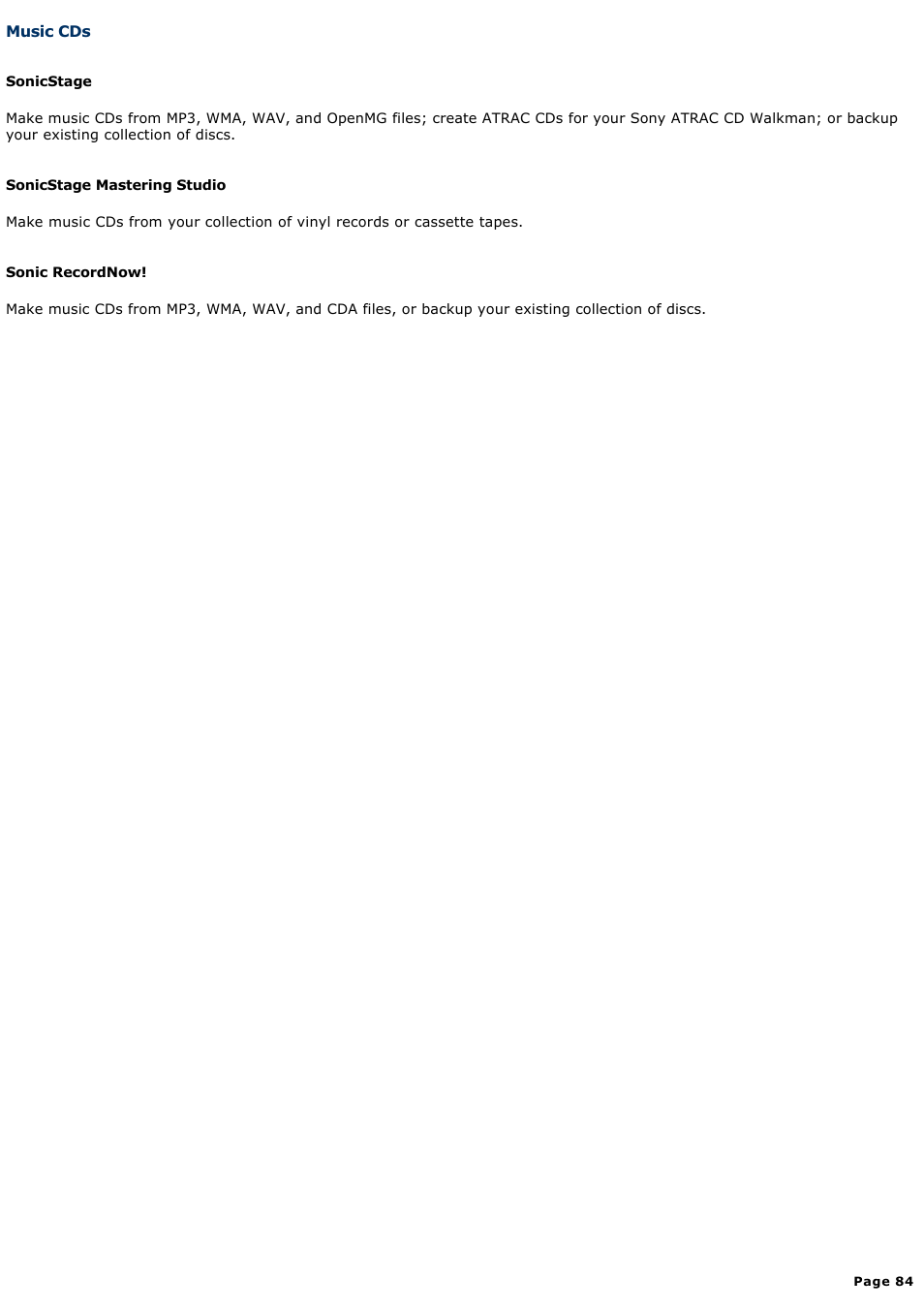 Music cds | Sony VGN-A600P User Manual | Page 84 / 269