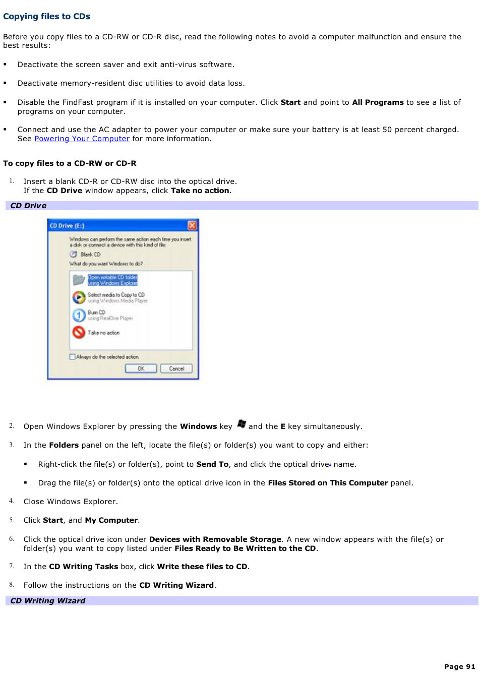 Copying files to cds | Sony VGN-A600P User Manual | Page 91 / 269