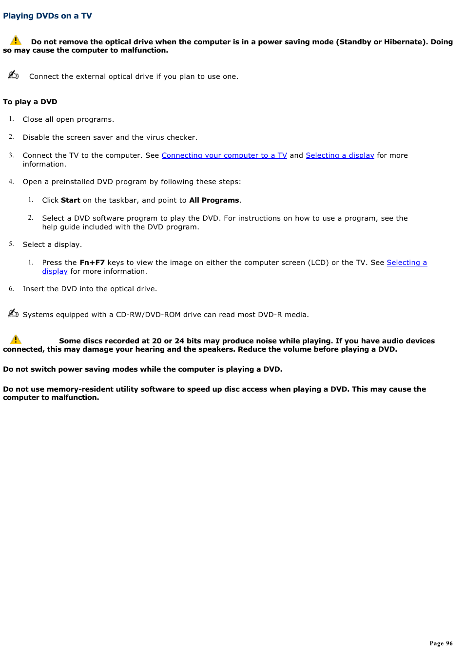Playing dvds on a tv | Sony VGN-A600P User Manual | Page 96 / 269