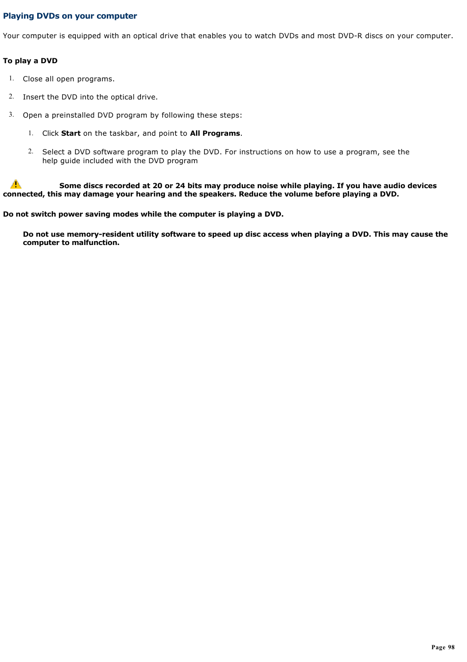 Playing dvds on your computer | Sony VGN-A600P User Manual | Page 98 / 269