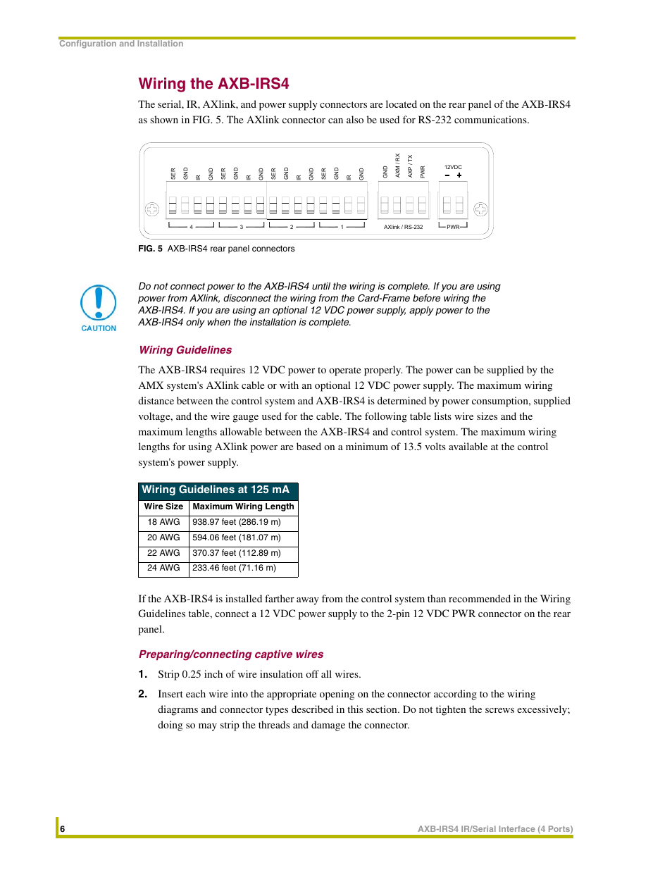 Wiring the axb-irs4, Wiring guidelines, Preparing/connecting captive wires | Wiring guidelines at 125 ma | AMX Interface Port AXB-IRS4 User Manual | Page 10 / 22