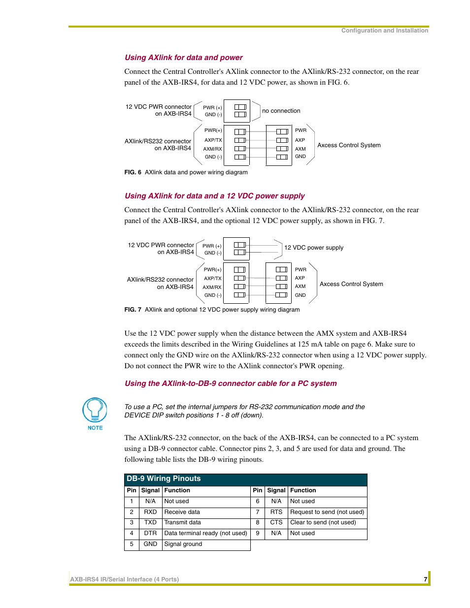 Using axlink for data and power, Using axlink for data and a 12 vdc power supply | AMX Interface Port AXB-IRS4 User Manual | Page 11 / 22