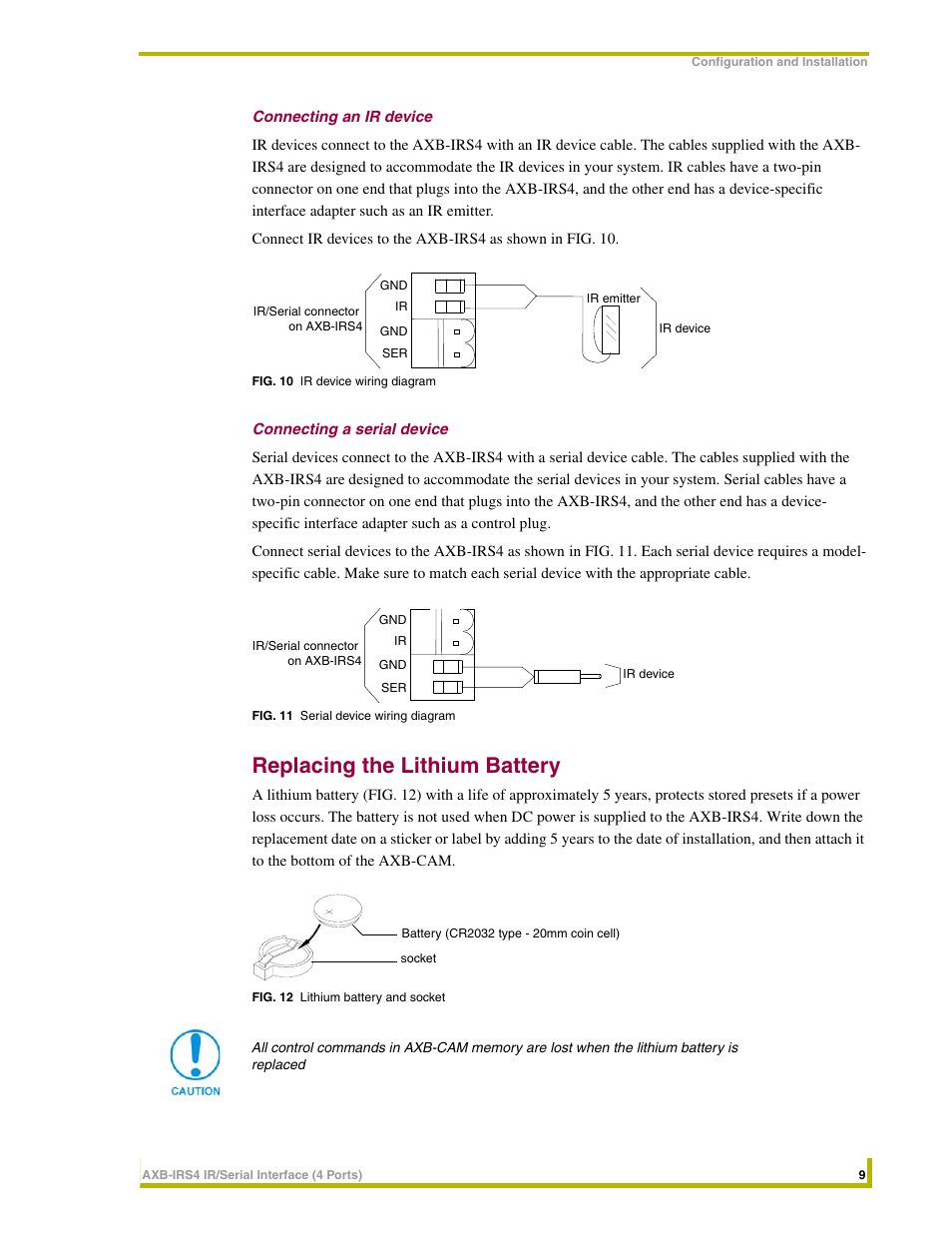Connecting an ir device, Connecting a serial device, Replacing the lithium battery | AMX Interface Port AXB-IRS4 User Manual | Page 13 / 22