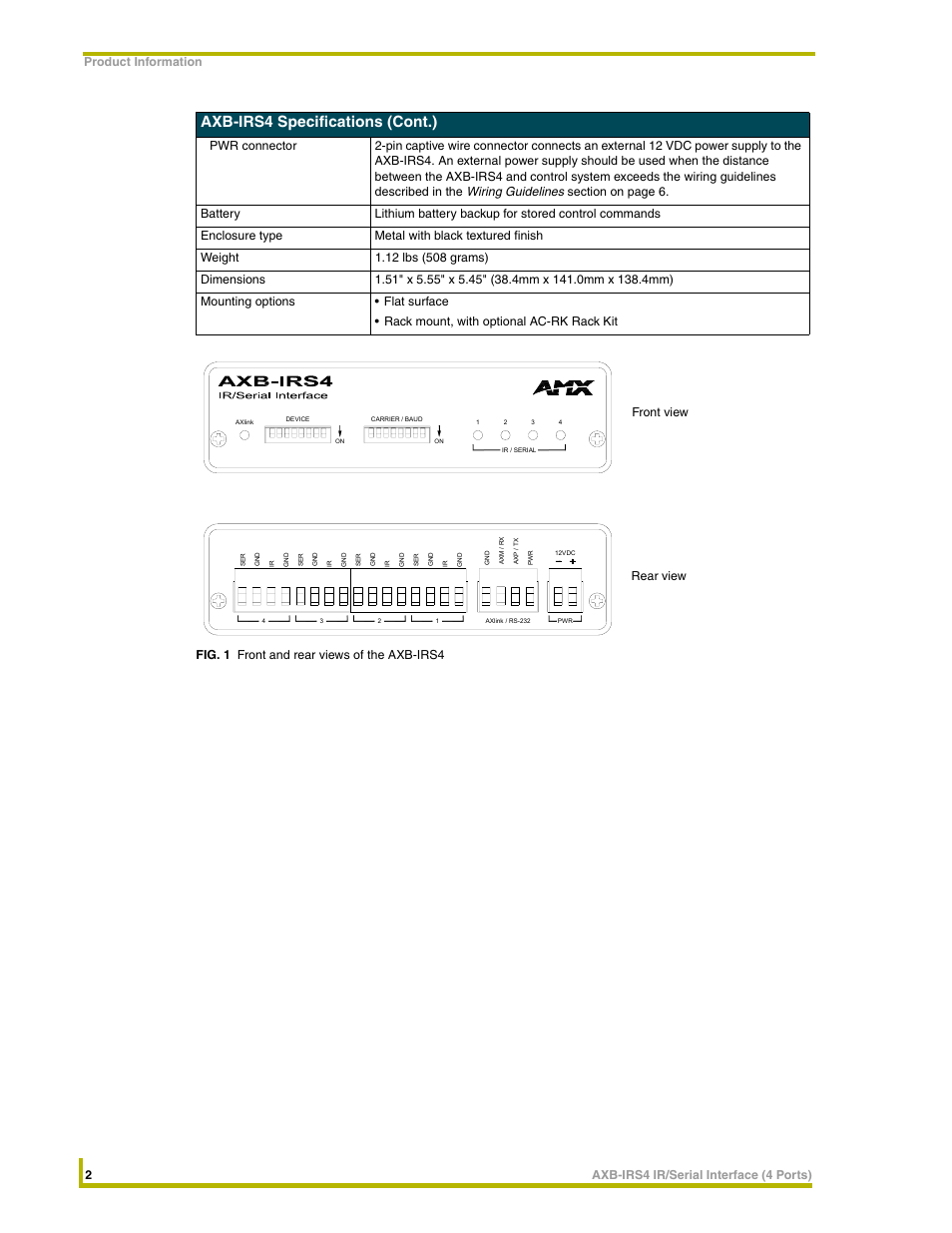 The axb-irs4 (fig. 1), Axb-irs4 specifications (cont.), Front view rear view | AMX Interface Port AXB-IRS4 User Manual | Page 6 / 22