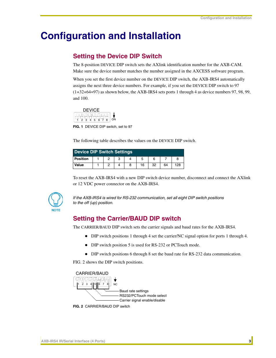 Configuration and installation, Setting the device dip switch, Setting the carrier/baud dip switch | AMX Interface Port AXB-IRS4 User Manual | Page 7 / 22