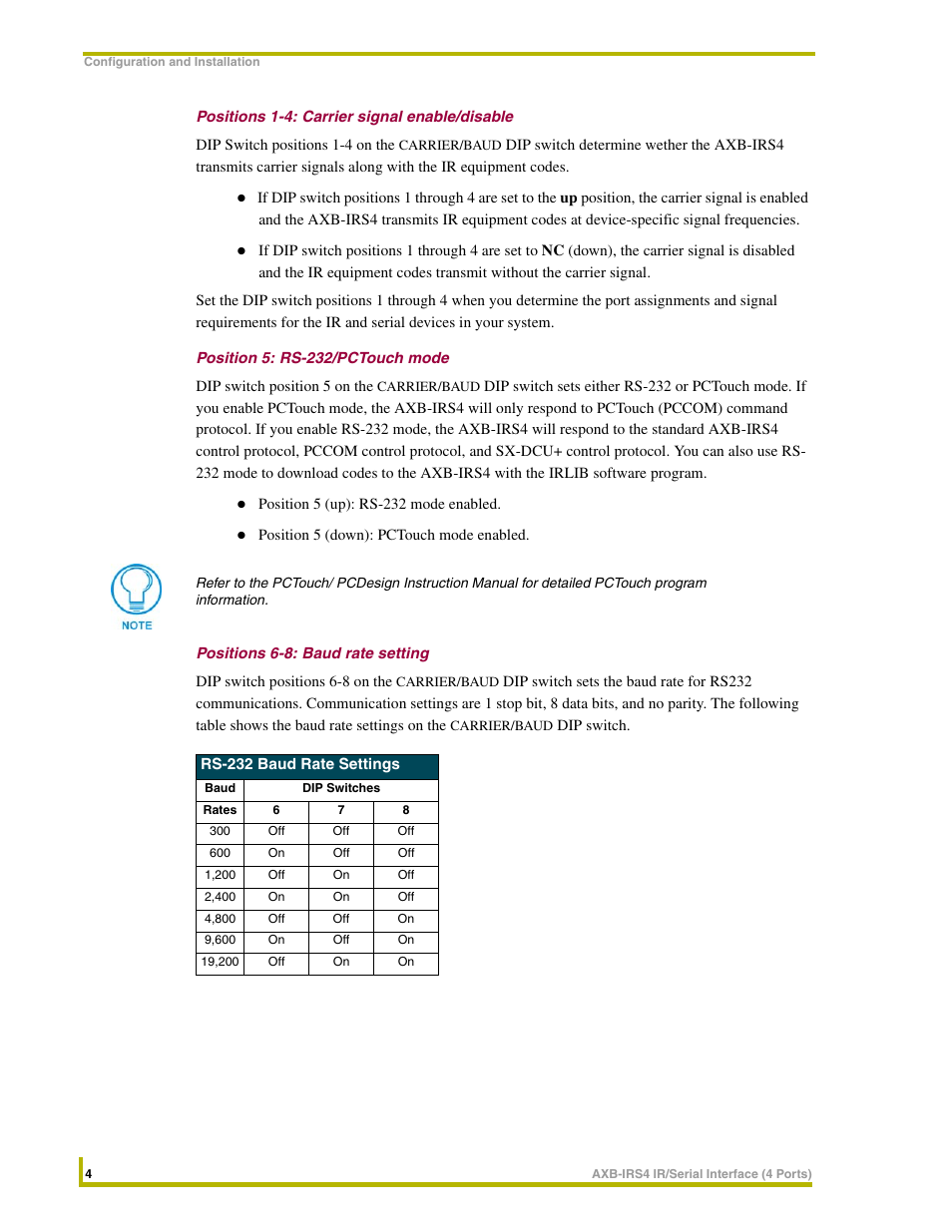 Positions 1-4: carrier signal enable/disable, Position 5: rs-232/pctouch mode, Positions 6-8: baud rate setting | AMX Interface Port AXB-IRS4 User Manual | Page 8 / 22