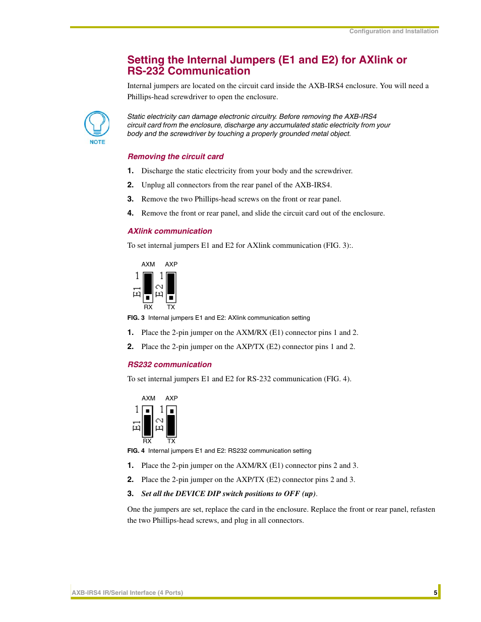 Removing the circuit card, Axlink communication, Rs232 communication | Rs-232 communication | AMX Interface Port AXB-IRS4 User Manual | Page 9 / 22