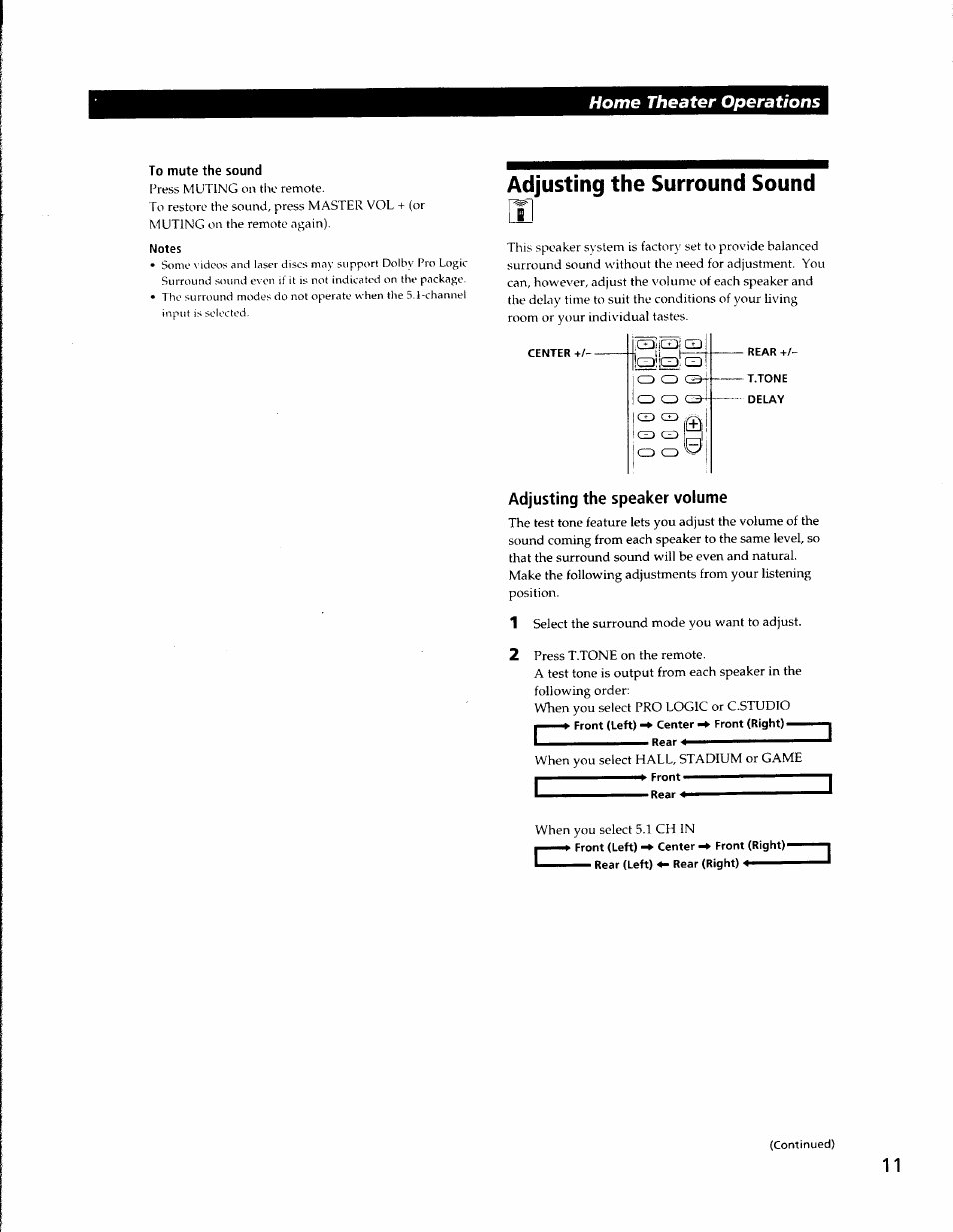 Notes, Adjusting the surround sound, Adjusting the speaker volume | Home theater operations, Gdacdi cz) | Sony SA-VA500 User Manual | Page 11 / 20