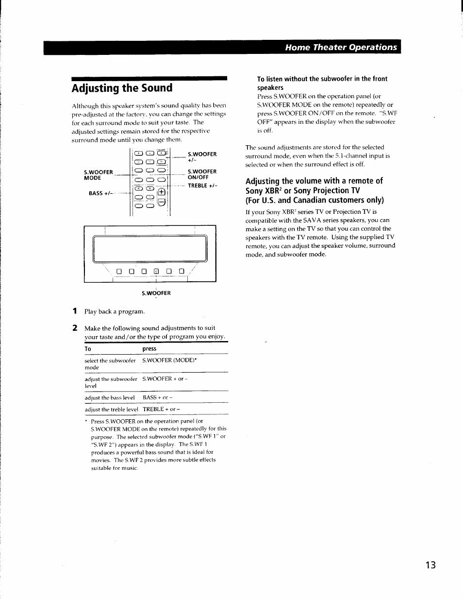 Adjusting the sound, Home theater operations | Sony SA-VA500 User Manual | Page 13 / 20