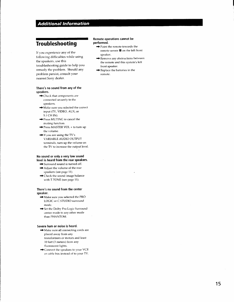 Troubleshooting, Remote operations cannot be performed, There's no sound from any of the speakers | There's no sound from the center speaker, Severe hum or noise is heard, Additional information | Sony SA-VA500 User Manual | Page 15 / 20