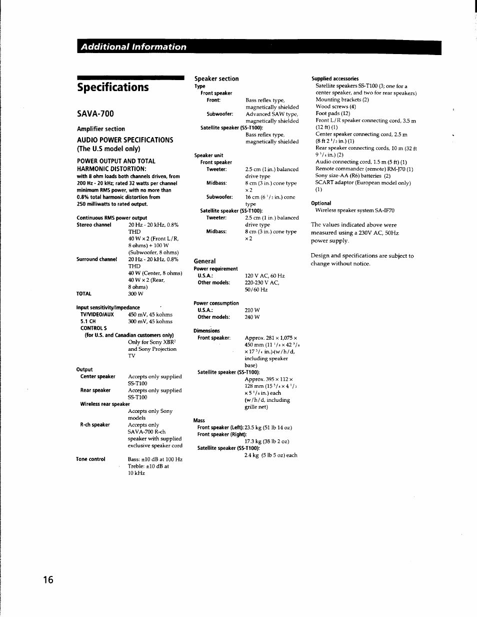 Specifications, Additional information, Sava-700 | Sony SA-VA500 User Manual | Page 16 / 20