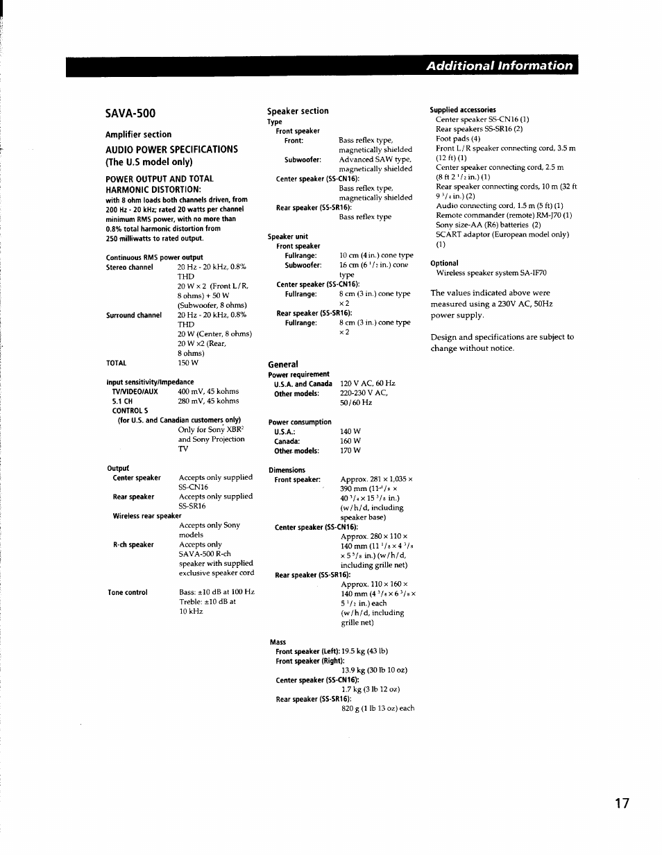 Additional information, Sava-500 | Sony SA-VA500 User Manual | Page 17 / 20