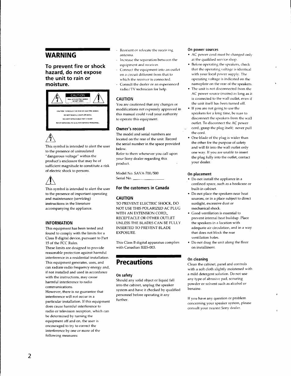 On safety, On power sources, On placement | On cleaning, Warning, Precautions | Sony SA-VA500 User Manual | Page 2 / 20