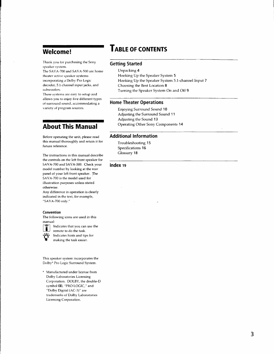 About this manual, Additional information, Index 19 | Convention, Welcome! t | Sony SA-VA500 User Manual | Page 3 / 20