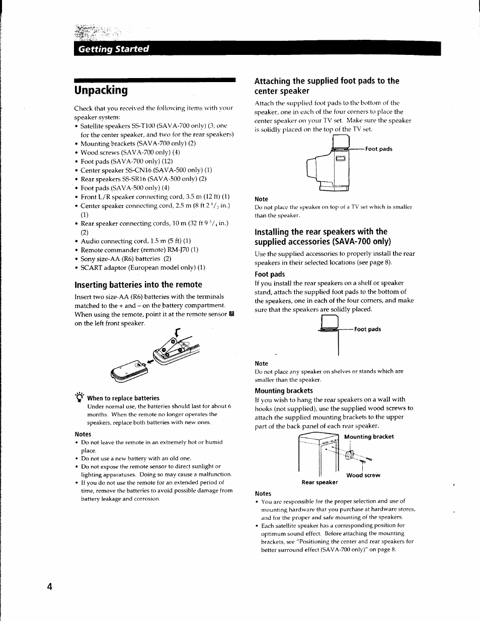 Unpacking, Inserting batteries into the remote, Notes | Note, Getting started | Sony SA-VA500 User Manual | Page 4 / 20