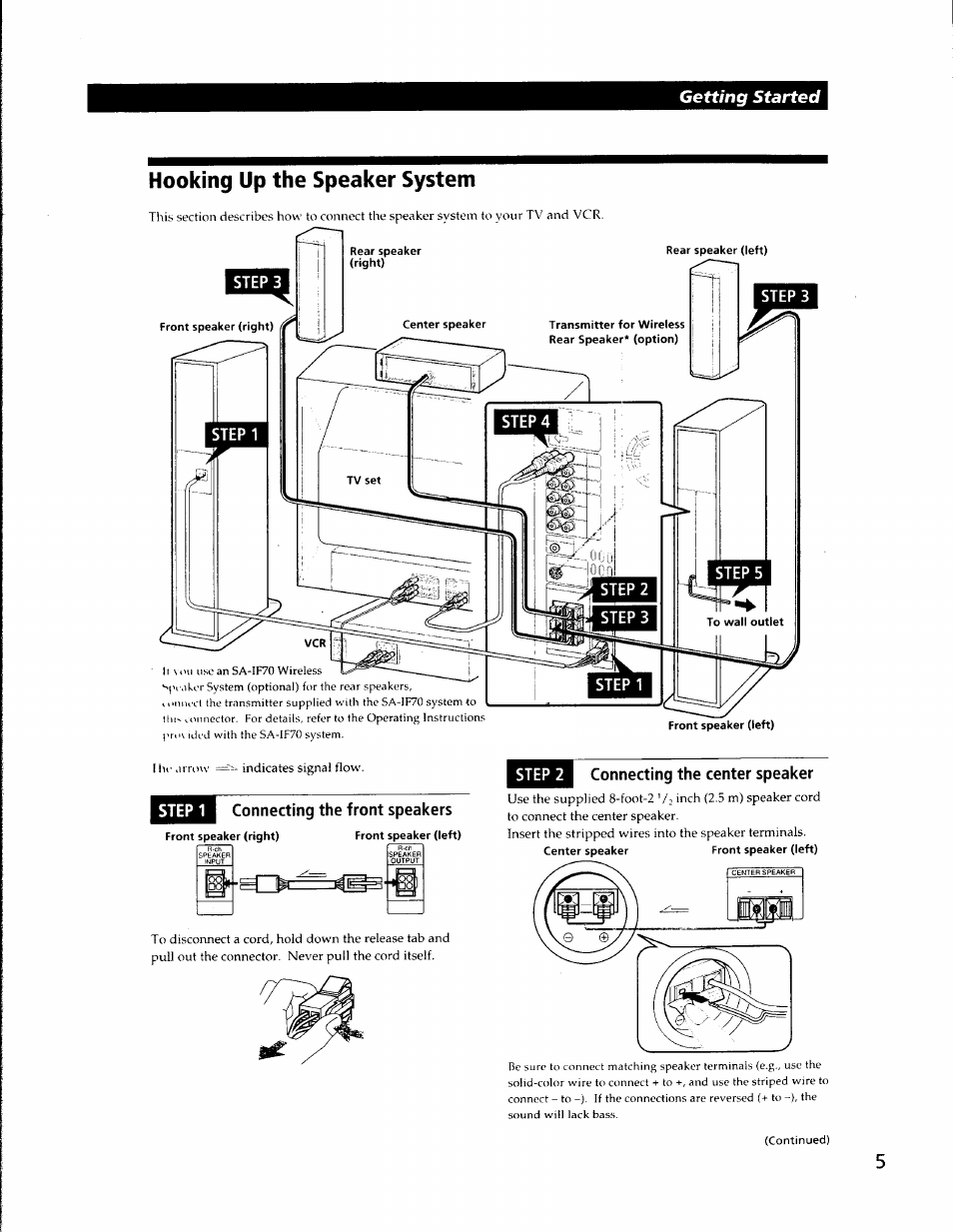 Hooking up the speaker system, Steri, Step 2 | Connecting the front speakers, Connecting the center speaker, Getting started, Step 2 connecting the front speakers | Sony SA-VA500 User Manual | Page 5 / 20