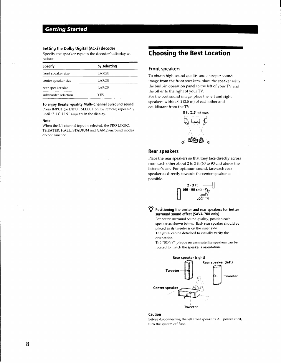 Note, Choosing the best location, Front speakers | Rear speakers, Caution, Getting started | Sony SA-VA500 User Manual | Page 8 / 20