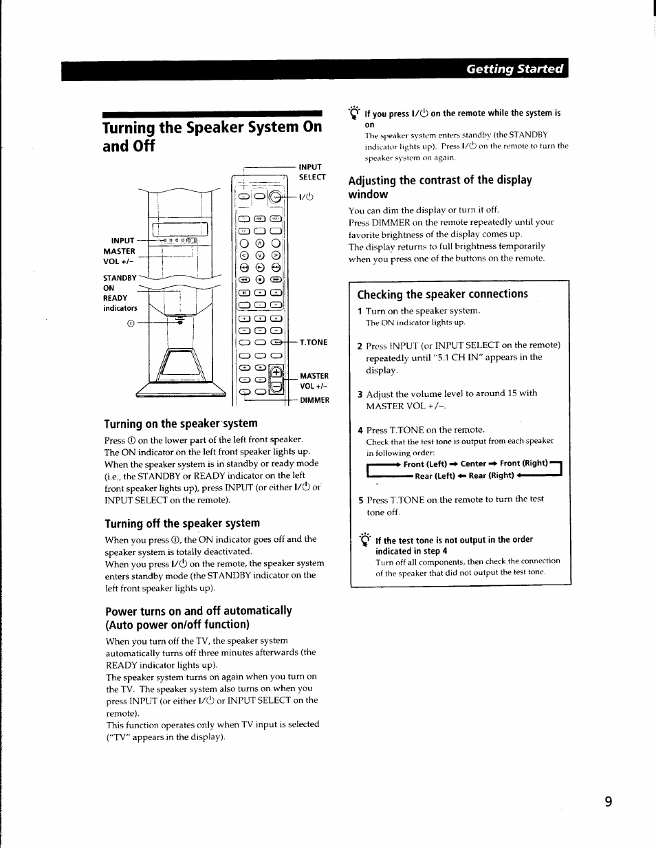 Turning the speaker system on and off, Turning on the speaker system, Turning off the speaker system | Adjusting the contrast of the display window, Getting started | Sony SA-VA500 User Manual | Page 9 / 20