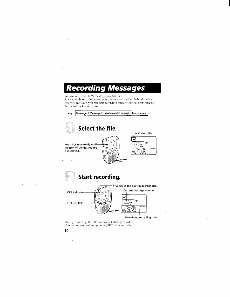 Recording messages | Sony ICD-70 User Manual | Page 10 / 48