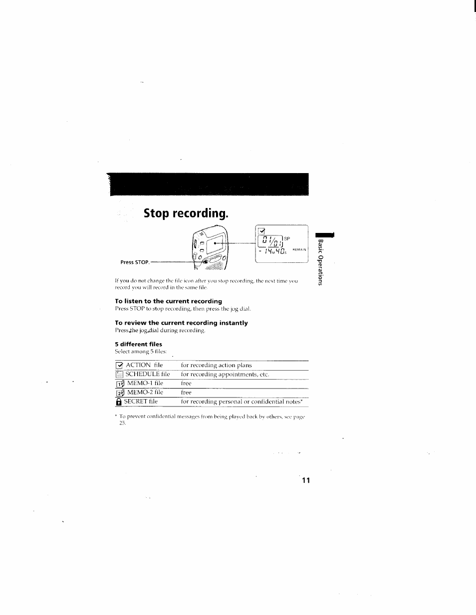 Stop recording | Sony ICD-70 User Manual | Page 11 / 48