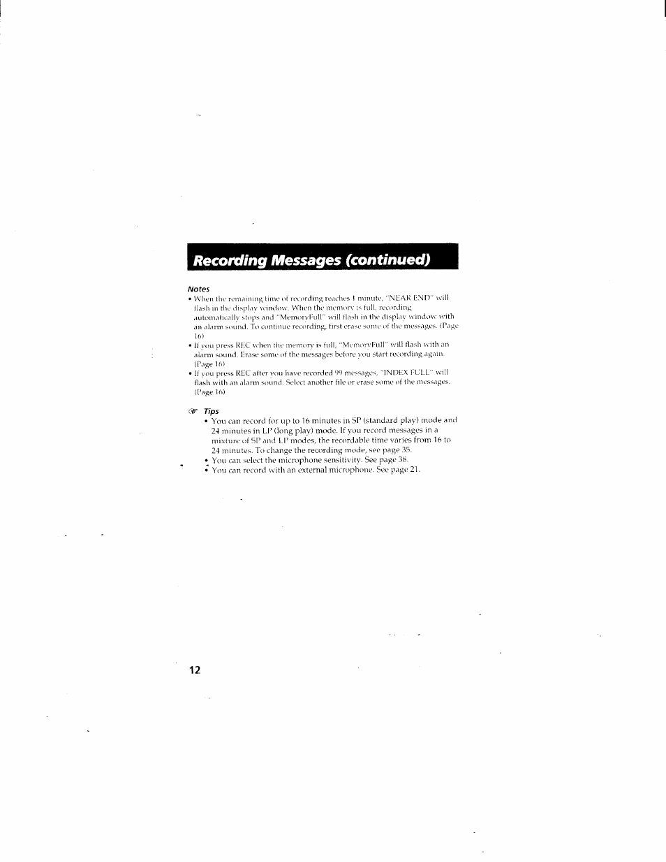 Recording messages (continued) | Sony ICD-70 User Manual | Page 12 / 48