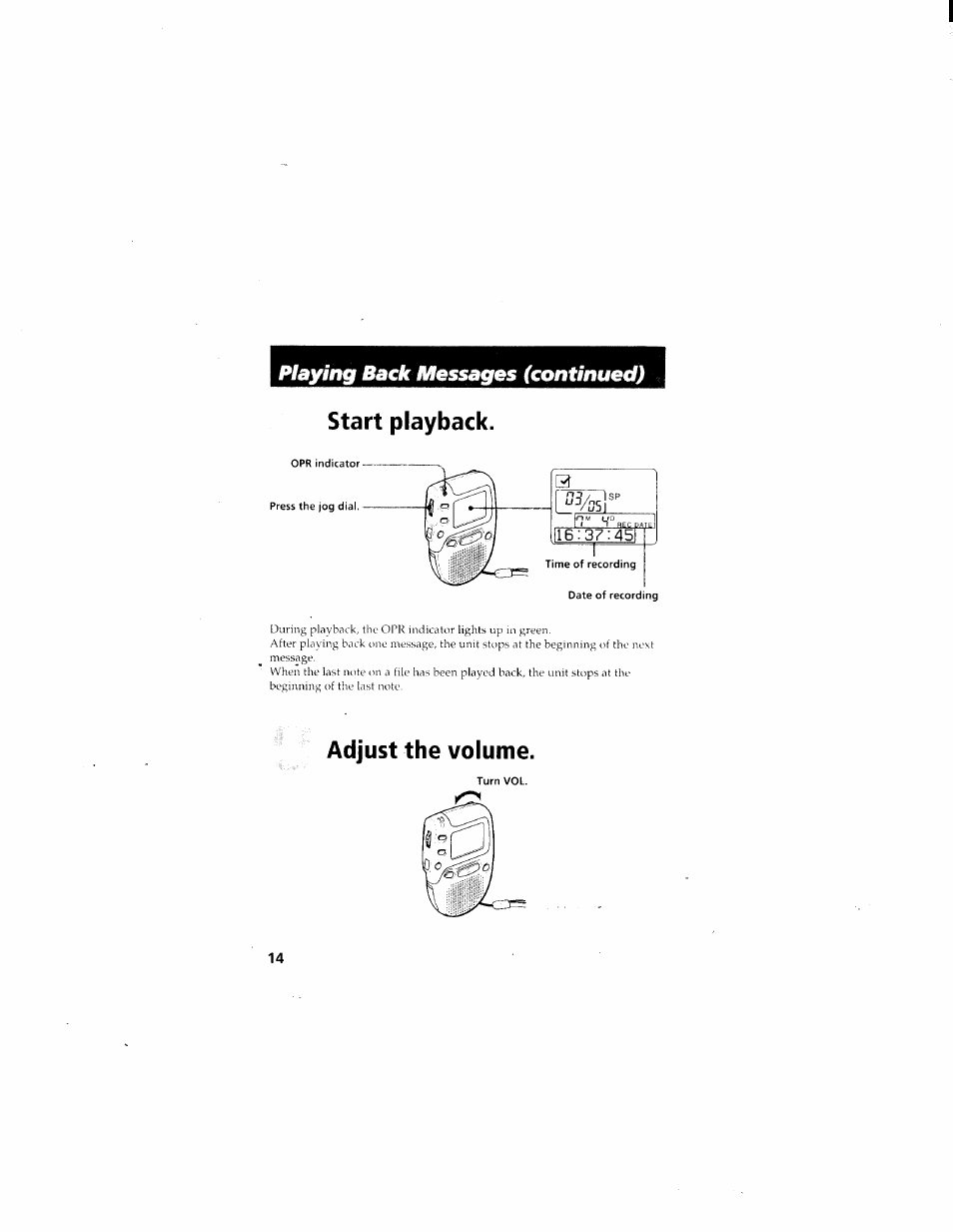 Playing back massages (continued), Start playback, Adjust the volume | Sony ICD-70 User Manual | Page 14 / 48