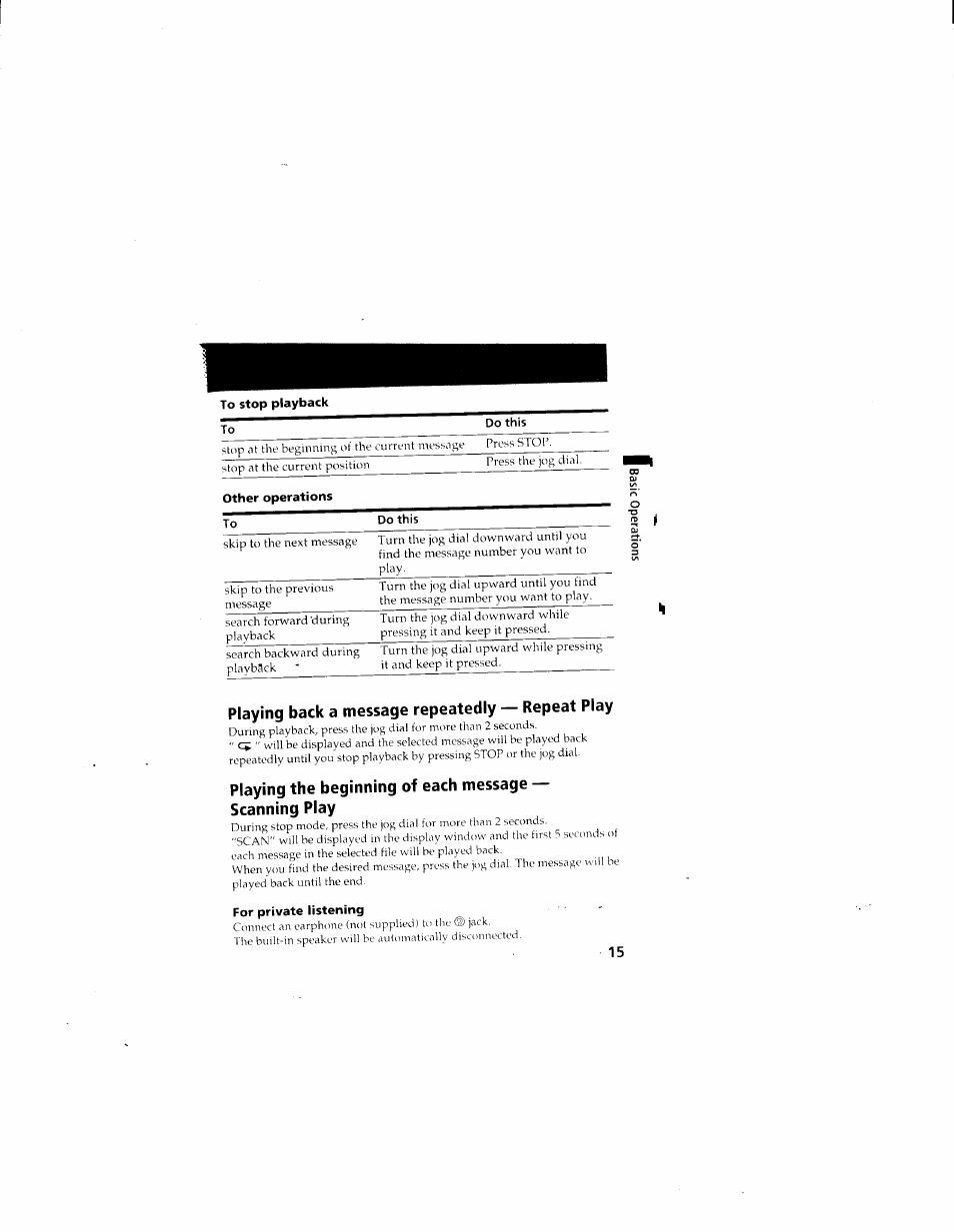 To stop playback, Playing back a message repeatedly — repeat play, Playing the beginning of each message | Scanning play, For private listening | Sony ICD-70 User Manual | Page 15 / 48